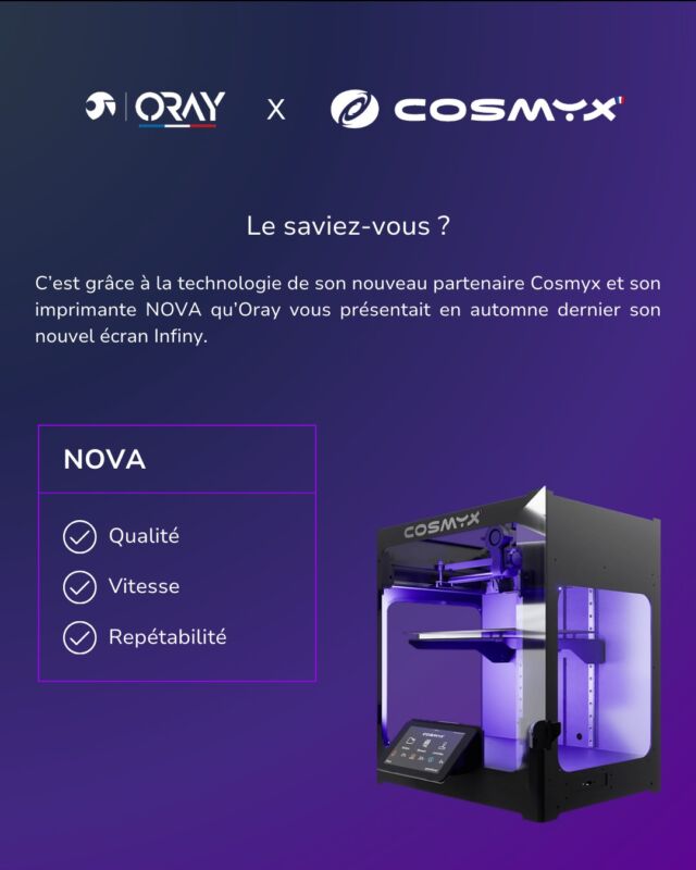 ORAY x COSMYX

C’est en automne dernier qu’Oray vous présentait l’innovant écran Infiny, l’enroulable infiniment grand qui bénéficie d’un aperçu élégant et minimaliste.

🔧C’est grâce à la technologie de l’imprimante 3D ‘NOVA’ de notre nouveau partenaire @cosmyx3d que l’écran Infiny peut disposer de pièces à la fois discrètes, complexes et très qualitatives.

L’imprimante NOVA permettra à Oray de concrétiser son projet de produire des pièces détachées pour son service après-vente.

#impression3d #innovation #oray