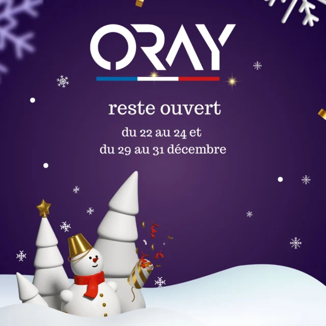 ✨À l’approche des fêtes, toute l’équipe ORAY tient à vous adresser ses remerciements les plus sincères pour votre confiance tout au long de l’année.
Nous avons le plaisir de vous annoncer que nous resterons ouverts pendant la période des fêtes afin de continuer à vous accompagner dans vos projets, vous conseiller et assurer la continuité de vos installations.
Nous ferons seulement une petite pause les :
• 25 et 26 décembre
• 1er et 2 janvier