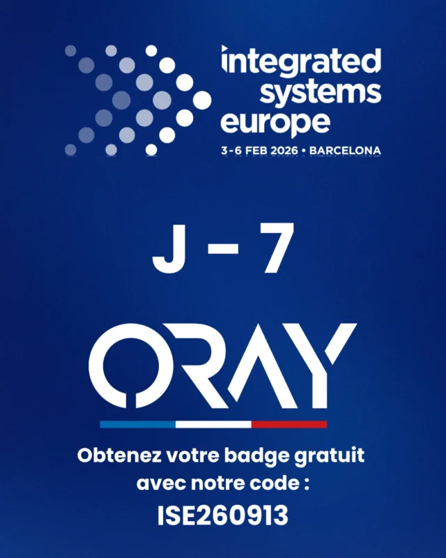⏳ J-7 avant ISE 2026 !
Dans une semaine, Oray vous donne rendez-vous à Barcelone pour le salon ISE (Integrated Systems Europe), l’événement incontournable de l’intégration audiovisuelle et des technologies de communication professionnelle.
📍 Fira Barcelona

📅 Du 3 au 6 février 2026

📍 Stand Oray : 3M730
Nous y présenterons nos solutions de projection et de home cinéma, pensées pour répondre aux exigences des environnements professionnels et des expériences immersives. 
Découvrez notre nouveauté ShadO, store intelligent sans fil, ultra silencieux et ultra connecté !
🎟️ Vous n’êtes pas encore inscrit ? Profitez d’un badge gratuit avec notre code d’invitation ➡️ ISE260913.
Toute l’équipe Oray a hâte de vous accueillir sur son stand pour échanger autour de vos projets audiovisuels

#ISE2026