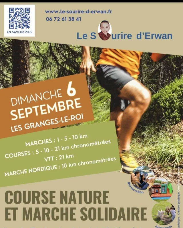 Fiers de soutenir "Le Sourire d’Erwan" !

Une journée solidaire et sportive à ne pas manquer :
📅 Dimanche 6 septembre 2026
📍 Salle polyvalente, Les Granges-le-Roi

Au programme :
🏃 Courses (21 km, 10 km, 5 km)
🚴 VTT (21 km)
🚶 Marches (10 km, 5 km, marche nordique)
🎪 Animations : restauration, bière truck, concerts, ferme pédagogique, tombola, massages, et bien plus !

Tous les bénéfices seront reversés à :
💙 Princesse Couette Couette (achat d’une poussette spécialisée pour Mia)
💙 Impulsion (soutien à la jeunesse)

📌 Inscriptions jusqu’au 3 septembre 2026 sur le-sourire-d-erwan-2026.onsinscrit.com
📞 Contact : M. Torqueau – 06 72 61 38 41

Ensemble, faisons de cette journée un succès pour une belle cause ! 🌟